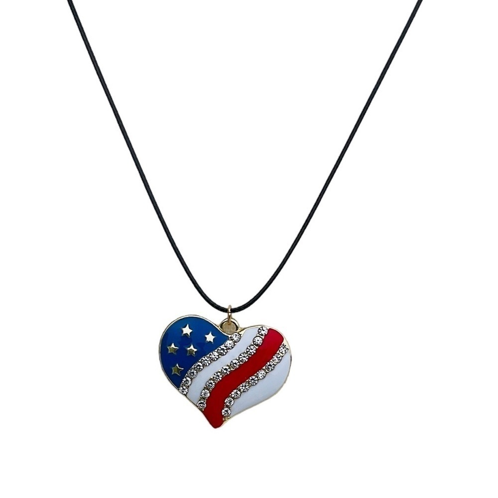 USA Rhinestone Embellished Patriotic Red White & Blue Heart Pendant Necklace